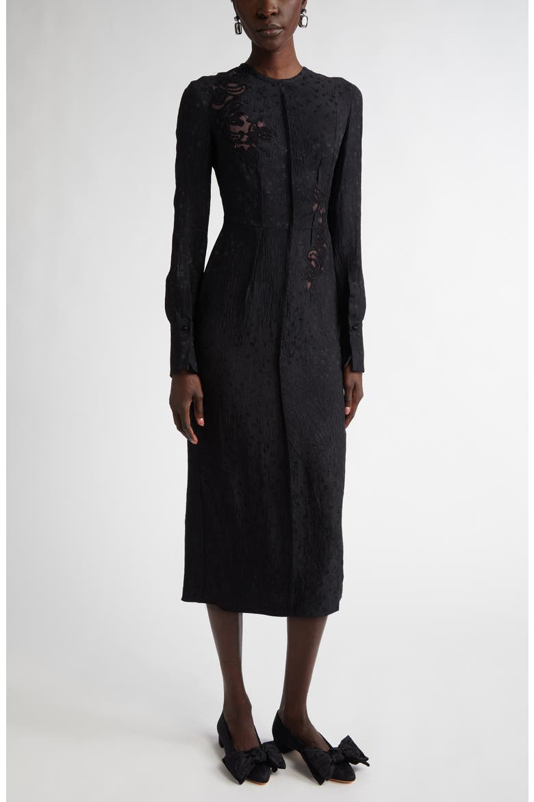Long Sleeve Guipure Lace & Satin Midi Dress, Main, color, BLACK