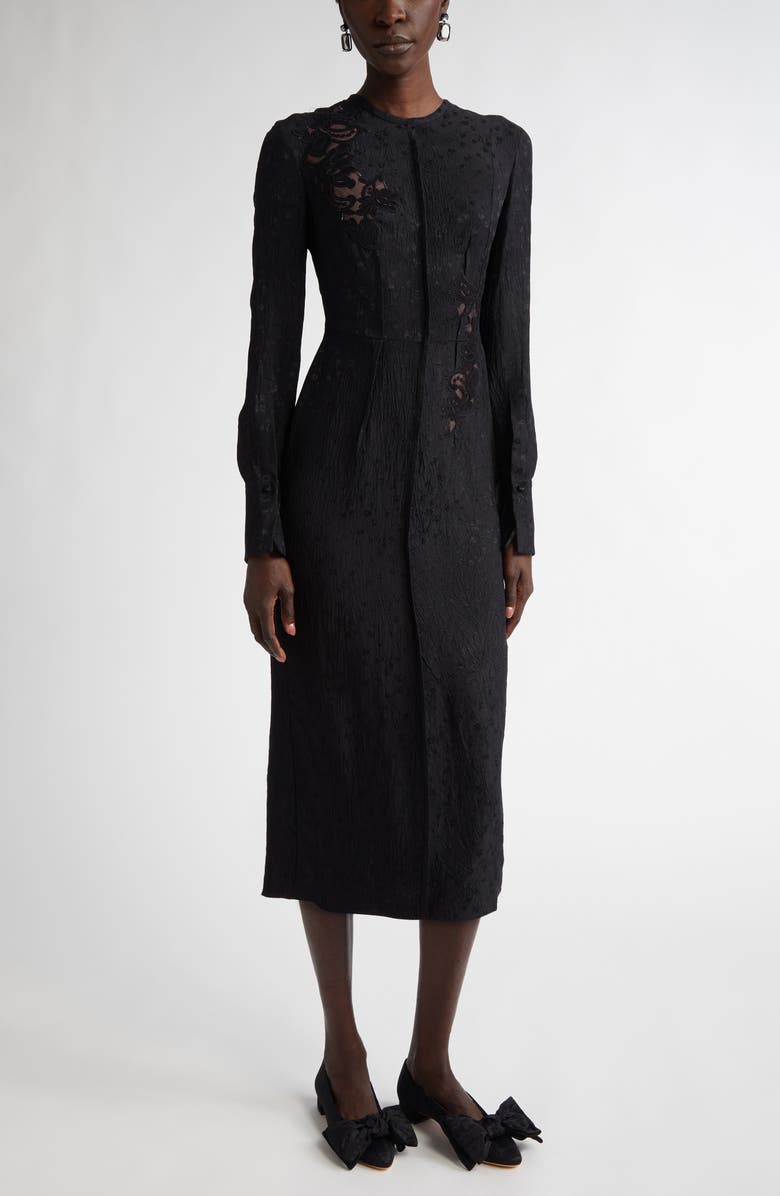 Erdem Long Sleeve Guipure Lace & Satin Midi Dress, Main, color, 