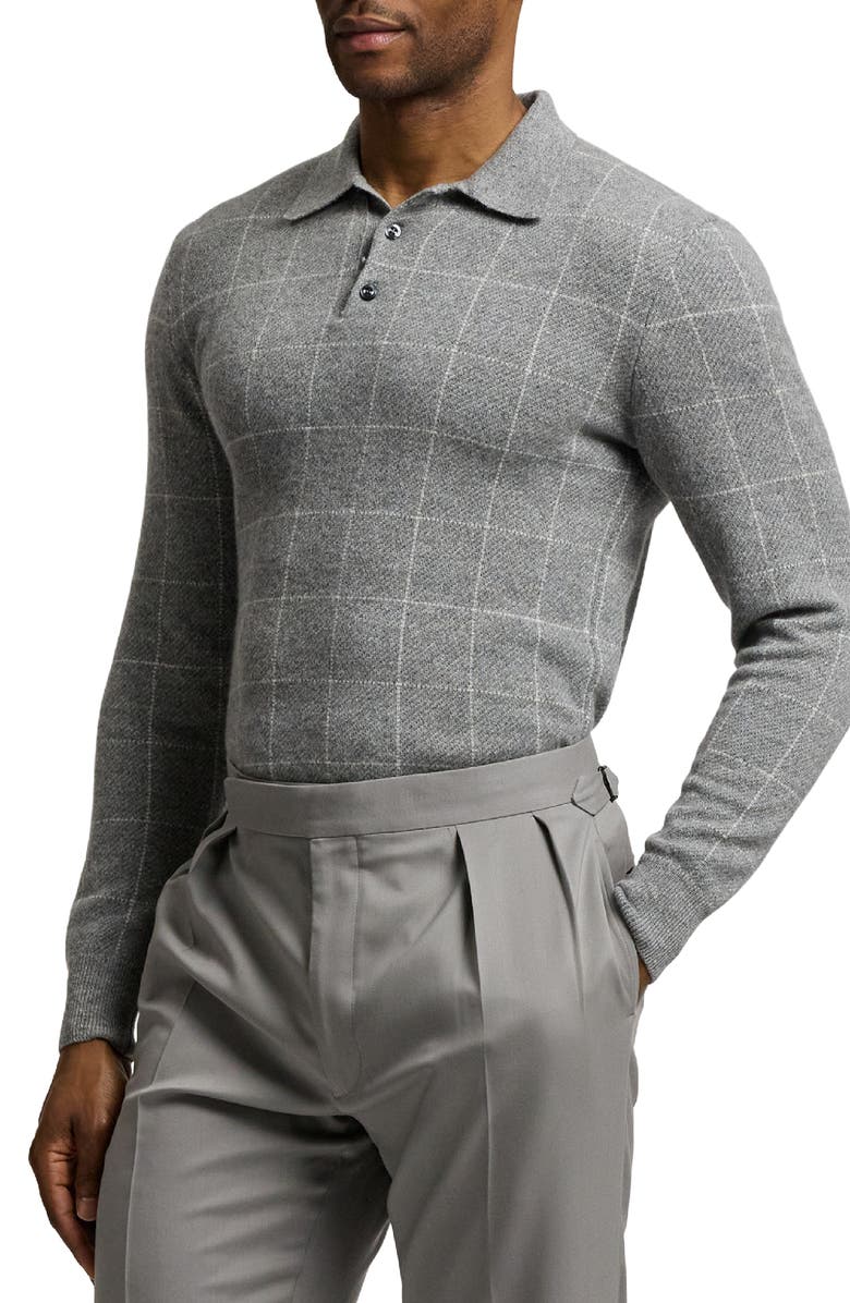 Ralph Lauren Purple Label Windowpane Plaid Cashmere Polo Sweater, Alternate, color, Grey Multi