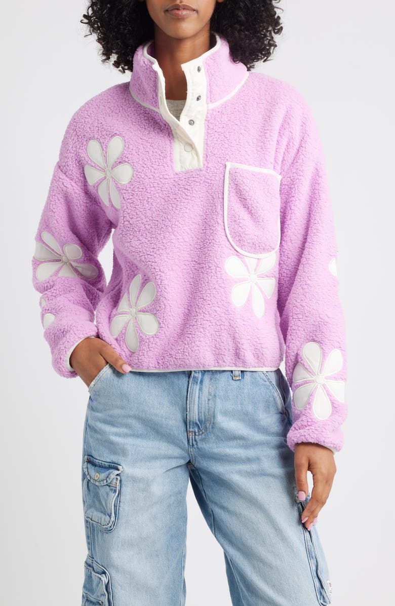 Thread & Supply Flower Patch Faux Shearling Pullover, Main, color, Lavender Ivory Combo