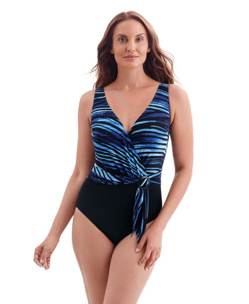 Longitude Belted Surplice Long Torso One-piece Swimsuit In Blue
