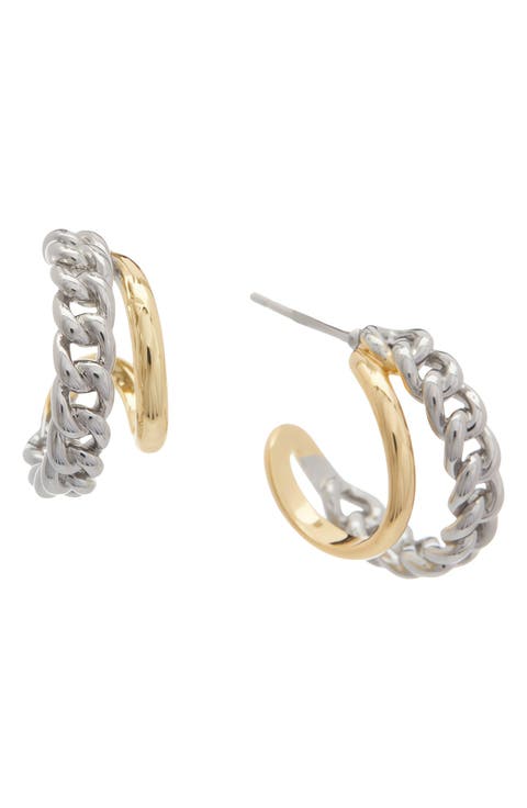 Mixed Finish Curb Chain Hoop Earrings