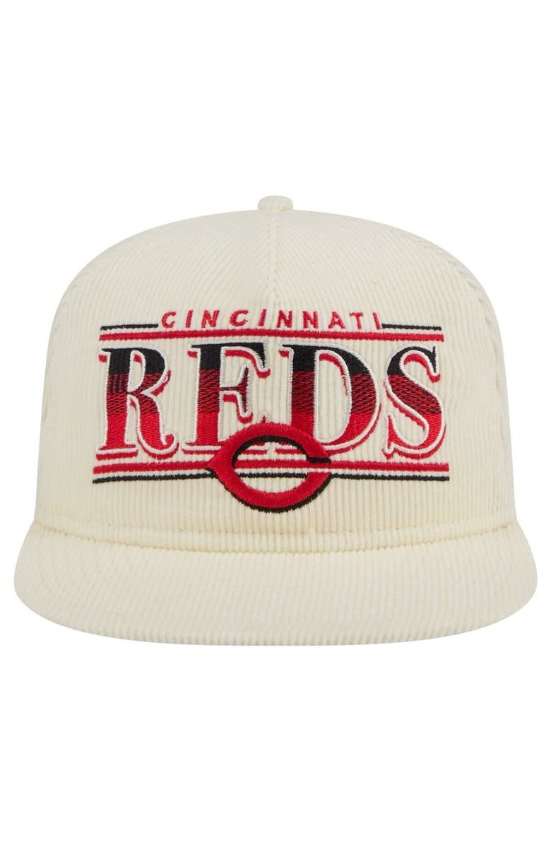 New Era Men's New Era Cream Cincinnati Reds Throwback Bar Golfer Corduroy Snapback Hat, Alternate, color, 