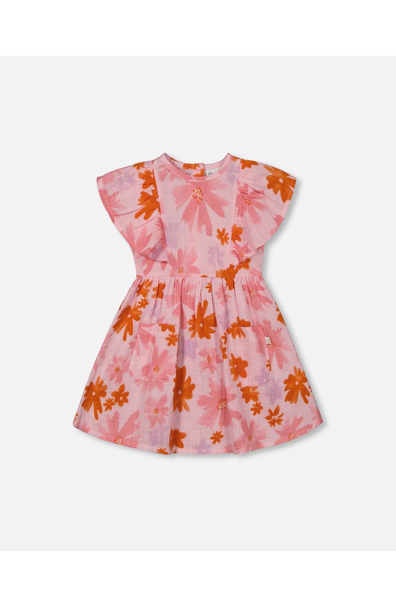 Deux par Deux Little Girl's Printed Muslin Dress Pink And Coral Flowers, Main, color, 