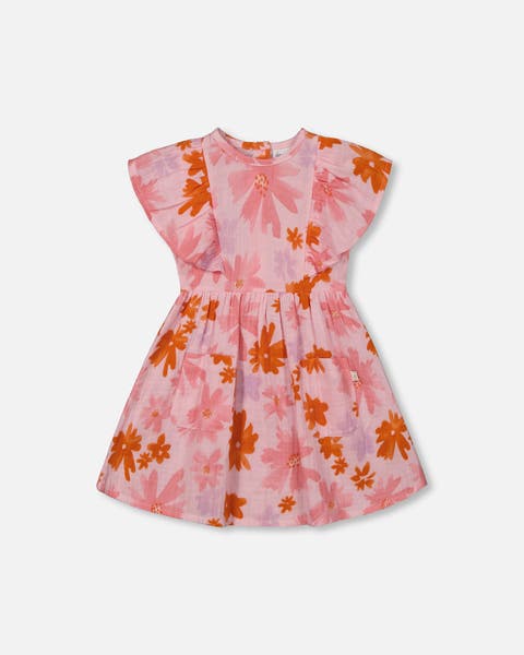 Deux Par Deux Printed Muslin Dress - Pink And Coral Flowers