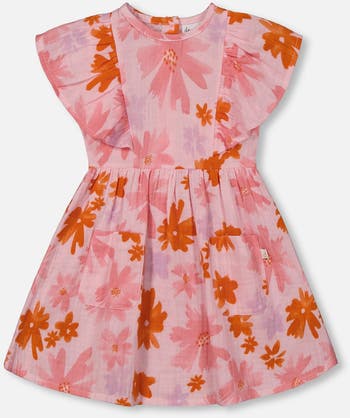 Deux Par Deux Printed Muslin Dress - Pink And Coral Flowers