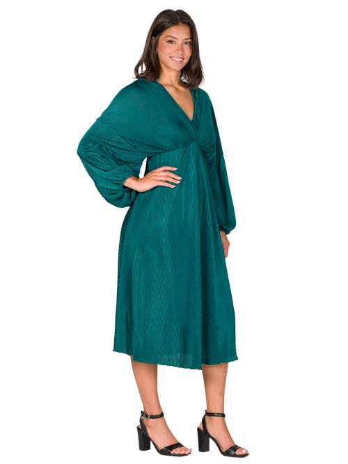 24seven Comfort Apparel Shimmer Pleated V-neck Empire Waist Bishop Sleeve Midi Dress In Green