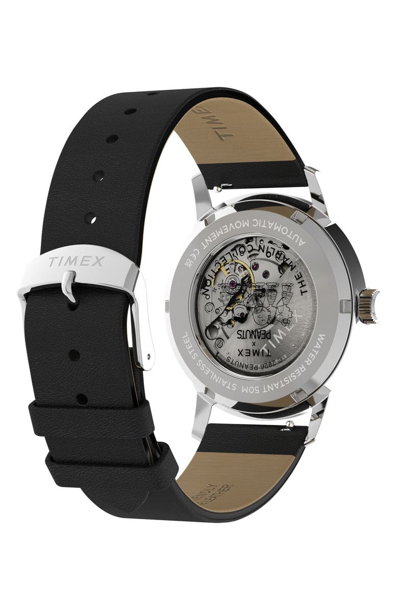 Timex<sup>®</sup> Peanuts<sup>®</sup> x Timex Marlin<sup>®</sup> Automatic 40mm Leather Strap Watch, Alternate, color, Silver-Tone