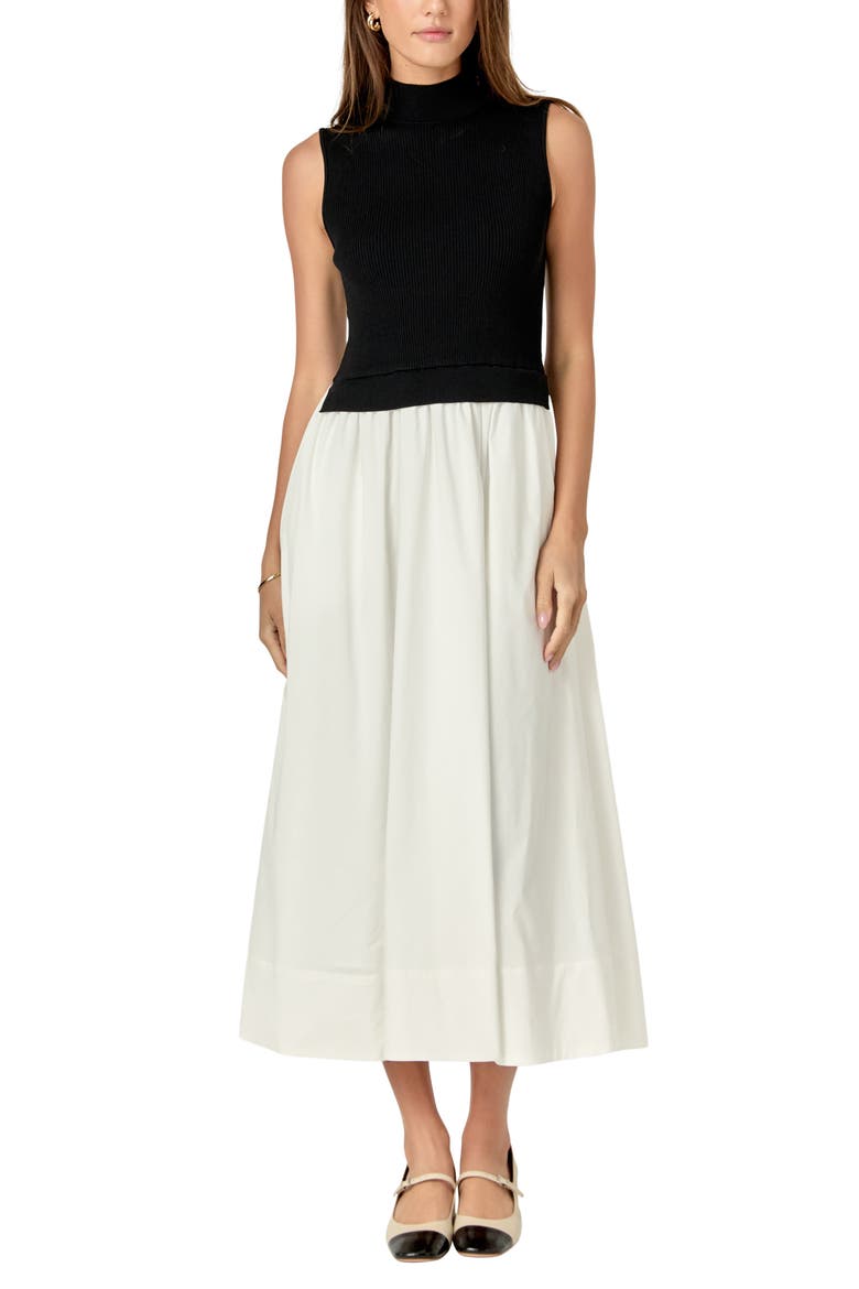 Mixed Media Colorblock Sleeveless Midi Dress, Alternate, color, BLACK/ WHITE