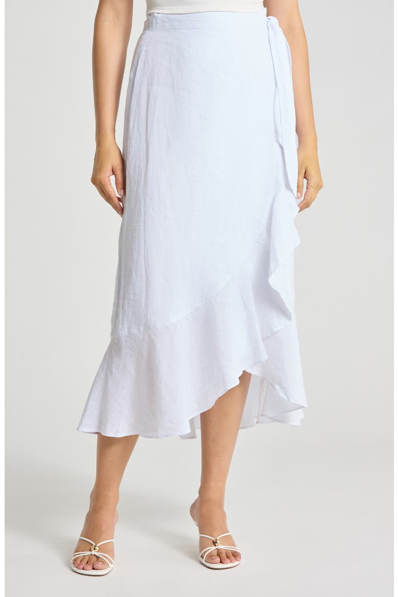 Zia Ruffle Trim Linen Wrap Skirt, Main, color, WHITE