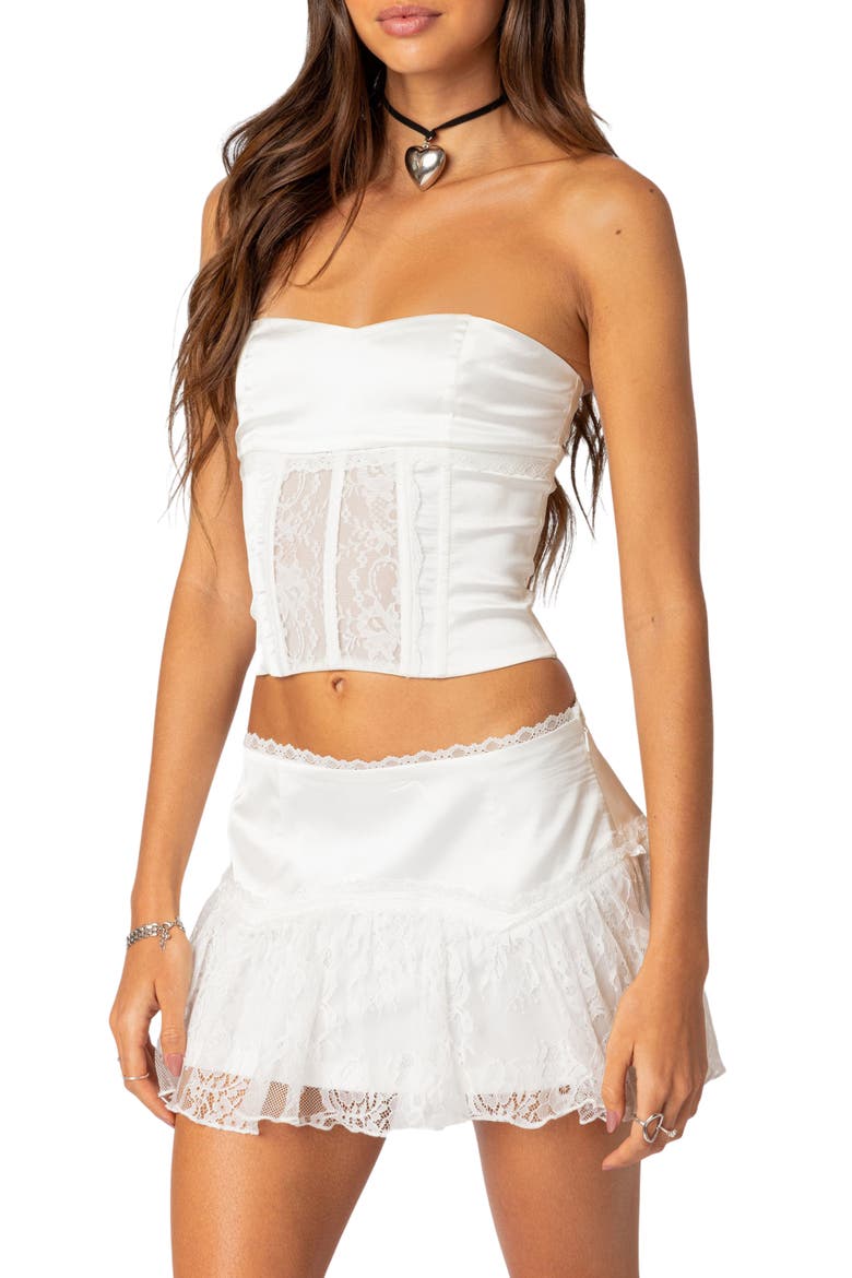Lex Satin & Lace Corset Top, Alternate, color, WHITE