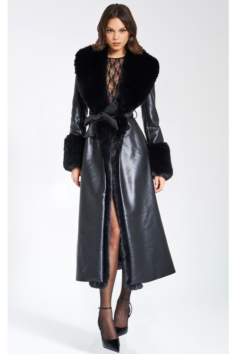 Zaida Full-Length Vegan Leather Fur Trim Coat, Main, color, Black