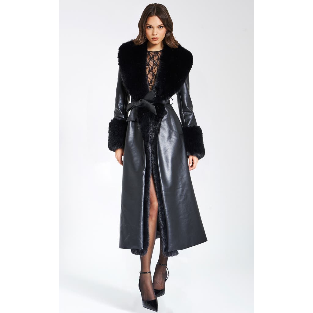 Miss Circle Zaida Full-length Vegan Leather Fur Trim Coat In Black