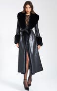 Miss Circle Zaida Full-Length Vegan Leather Fur Trim Coat