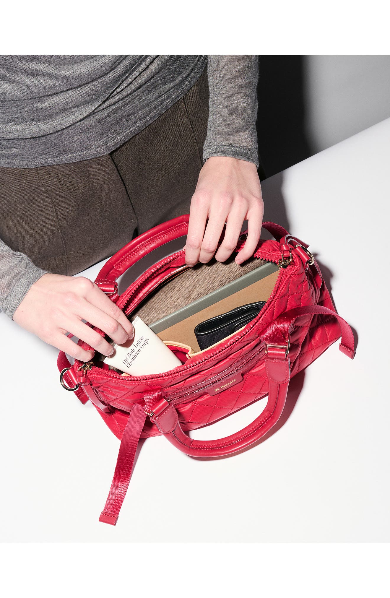 MZ Wallace Small Park Quilted Nylon Satchel, Alternate, color, Apple