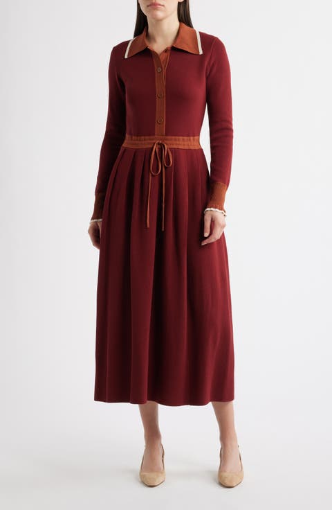 Tipped Long Sleeve Drawstring Waist Sweater Dress