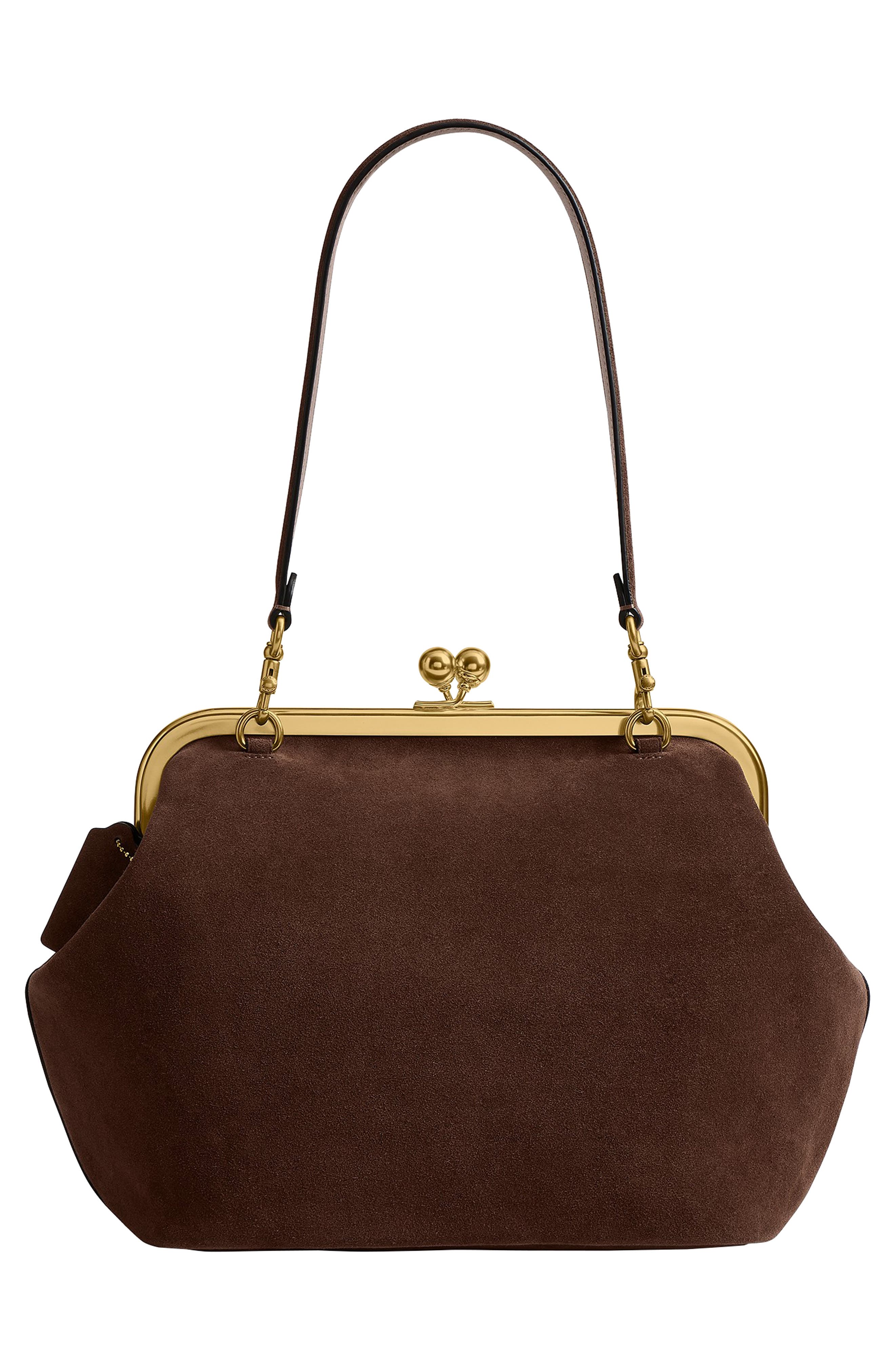 COACH Kiss-lock Frame 27 Suede Clutch, Alternate, color, Dark Chocolate