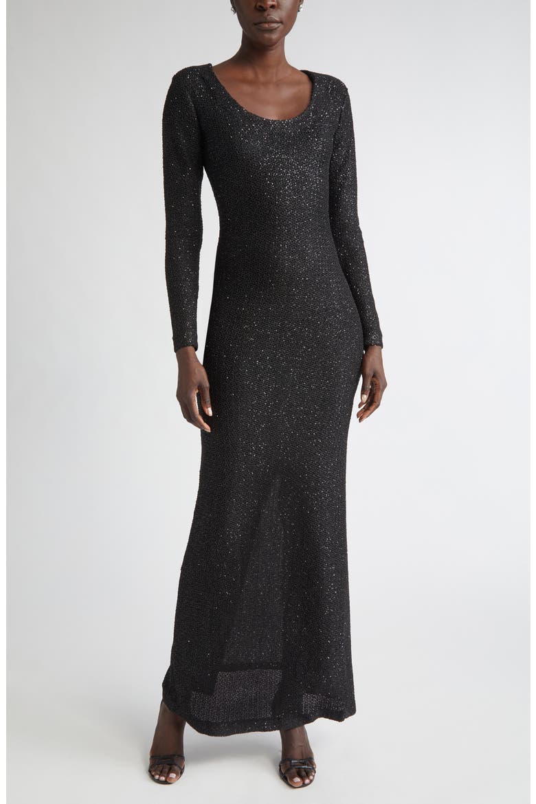Nicoline Long Sleeve Sequin Stretch Knit Gown, Main, color, BLACK