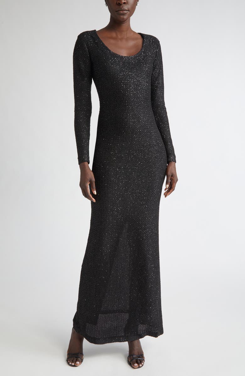 ST. JOHN Nicoline Long Sleeve Sequin Stretch Knit Gown, Main, color, Black