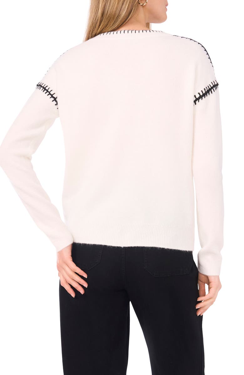 Vince Camuto Whipstitch V-Neck Sweater, Alternate, color, Antique White/ Rich Black