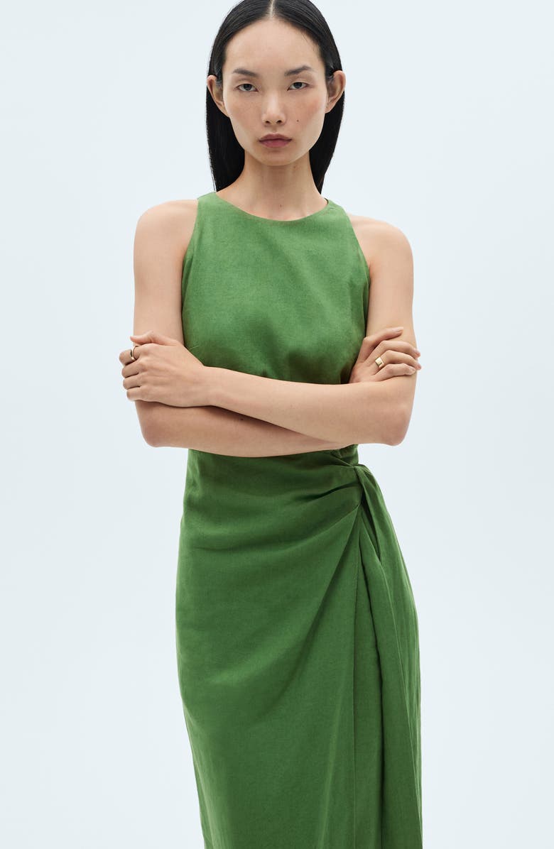 MANGO Bow Waist Linen Blend Midi Dress, Alternate, color,