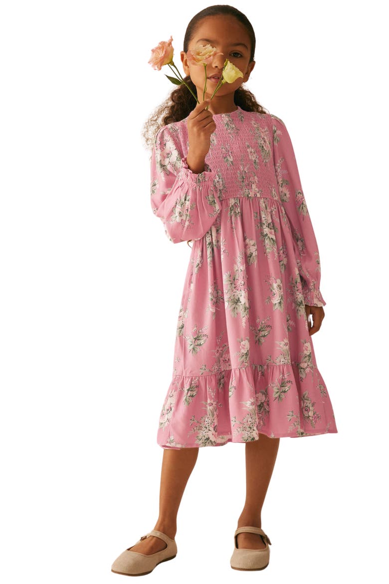 Kids' Smocked Long Sleeve Midi Dress, Main, color, PINK FLORAL