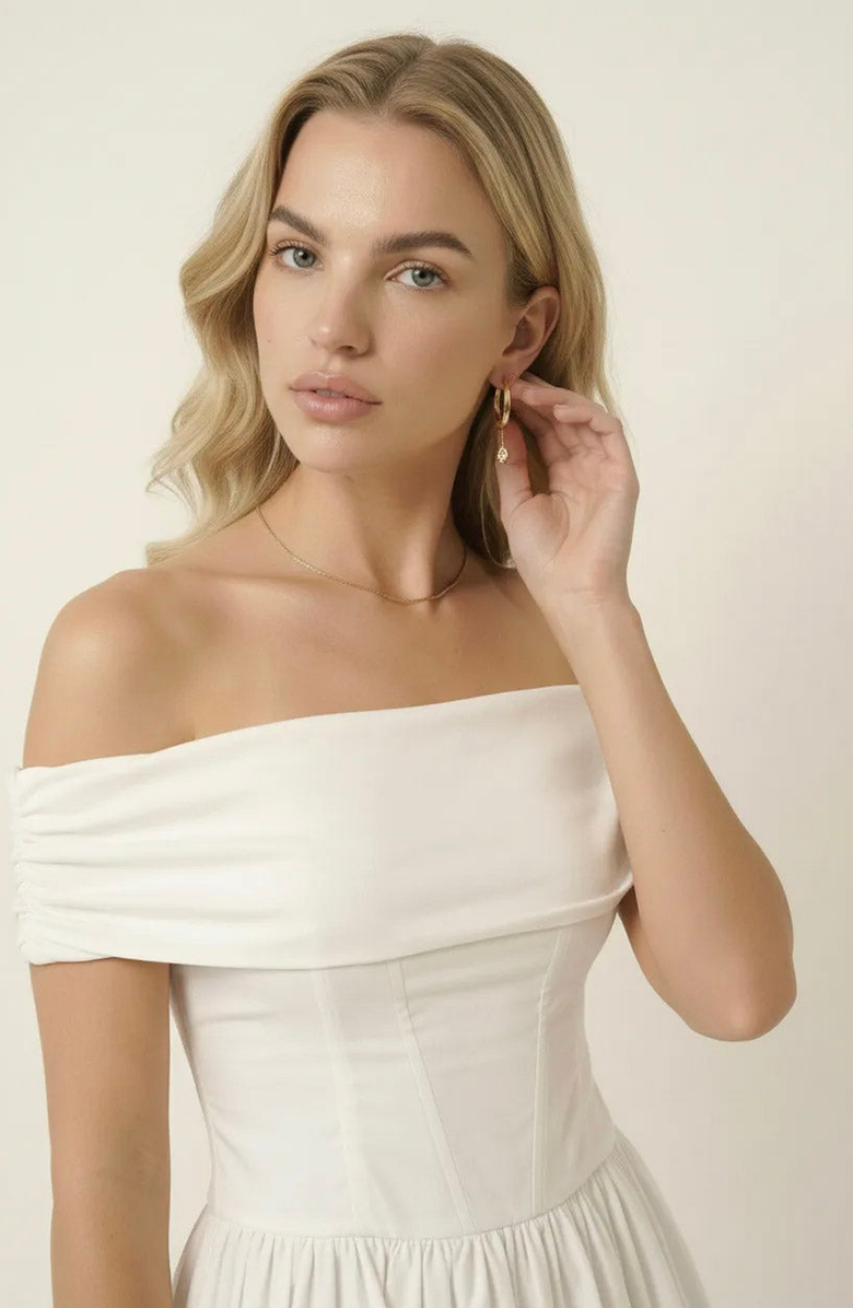 Modenaire Off-Shoulder Ruched Bodice Mini Dress with Flowy Skirt, Alternate, color, White