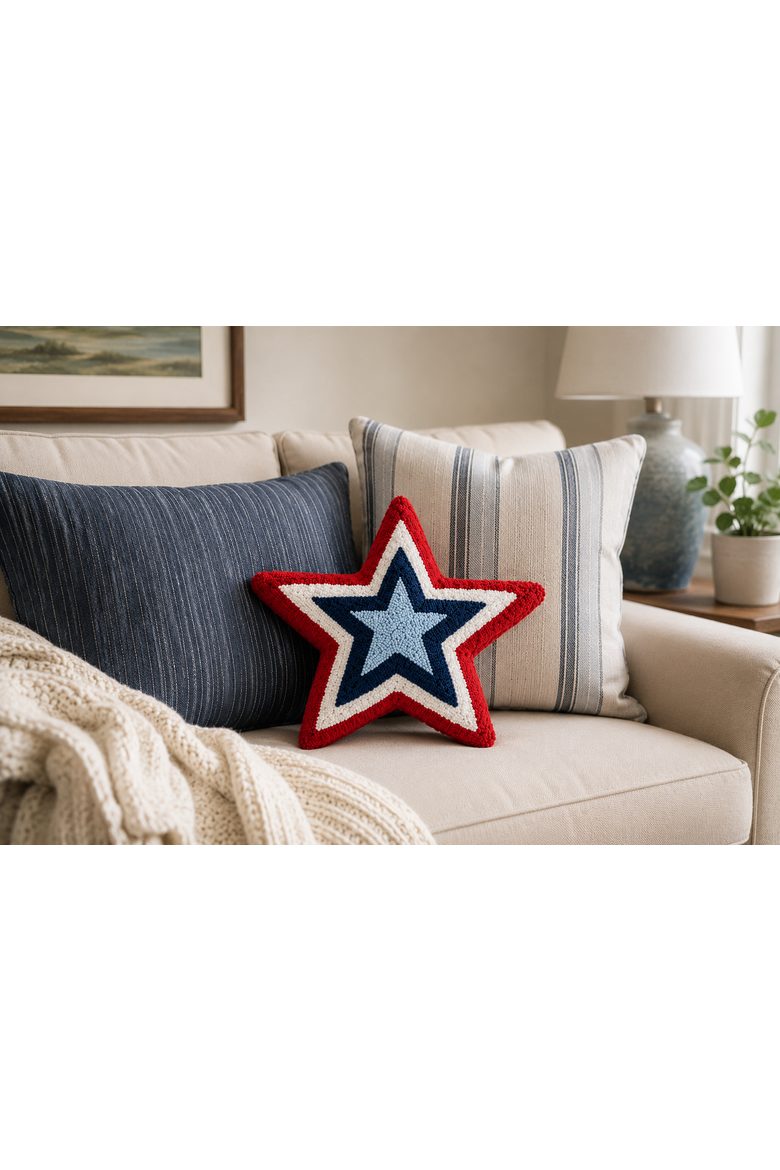 Patriotic Red White & Blue Star Shaped Hooked Accent Throw Pillow, 18" x 18", Alternate, color, Blue