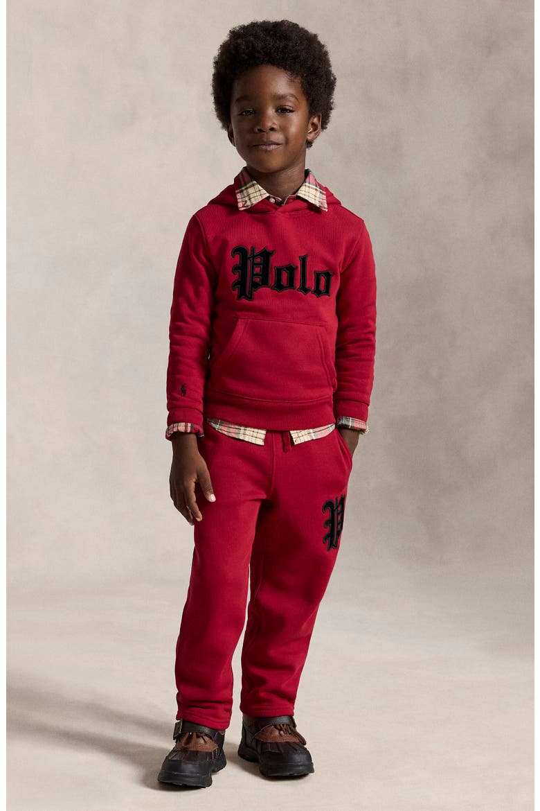 Kids' Velvet Appliqué Fleece Sweatpants, Alternate, color, EATON RED