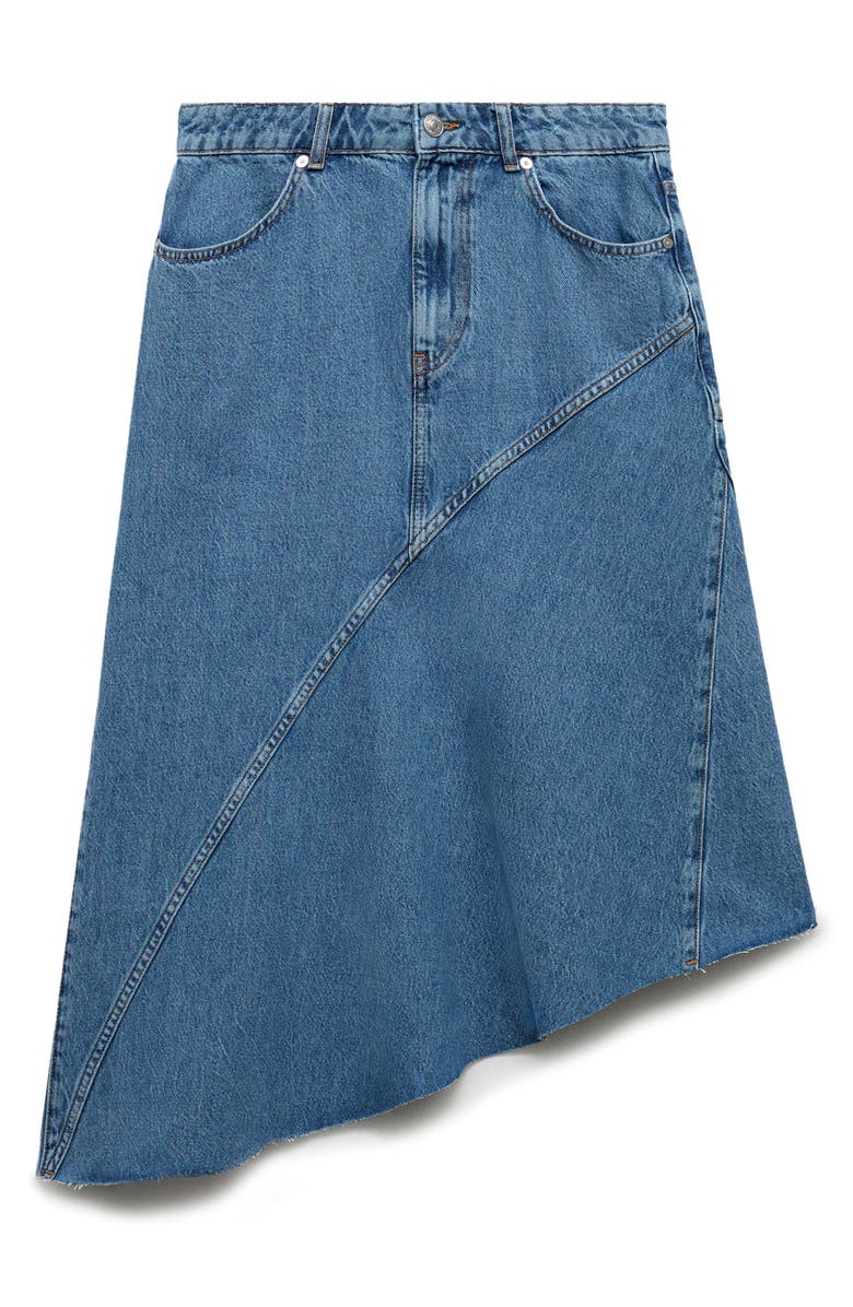 MANGO Asymmetric Raw Hem Denim Midi Skirt, Alternate, color,