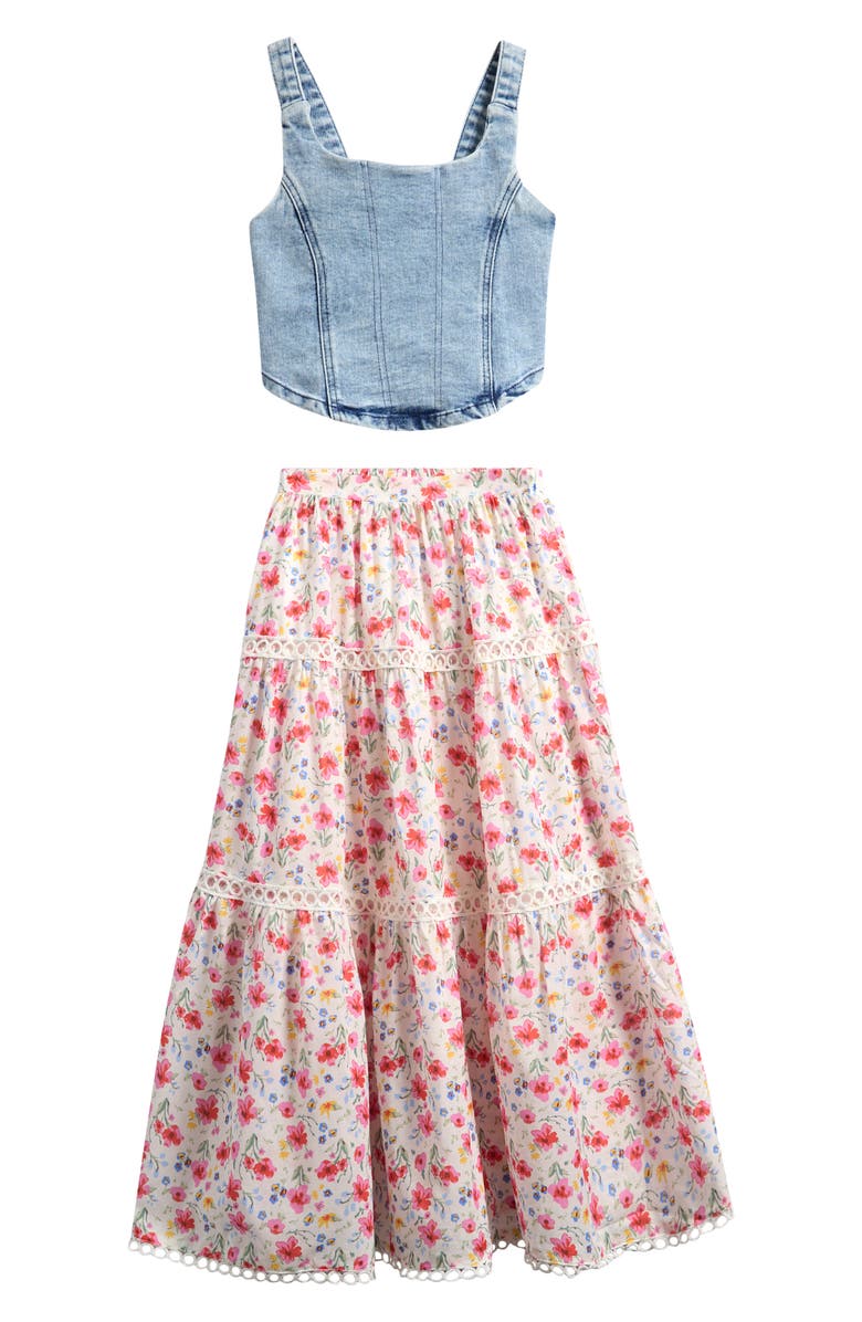 Tween Diva Kids' Denim Crop Top & Maxi Skirt Set, Main, color, Ivory