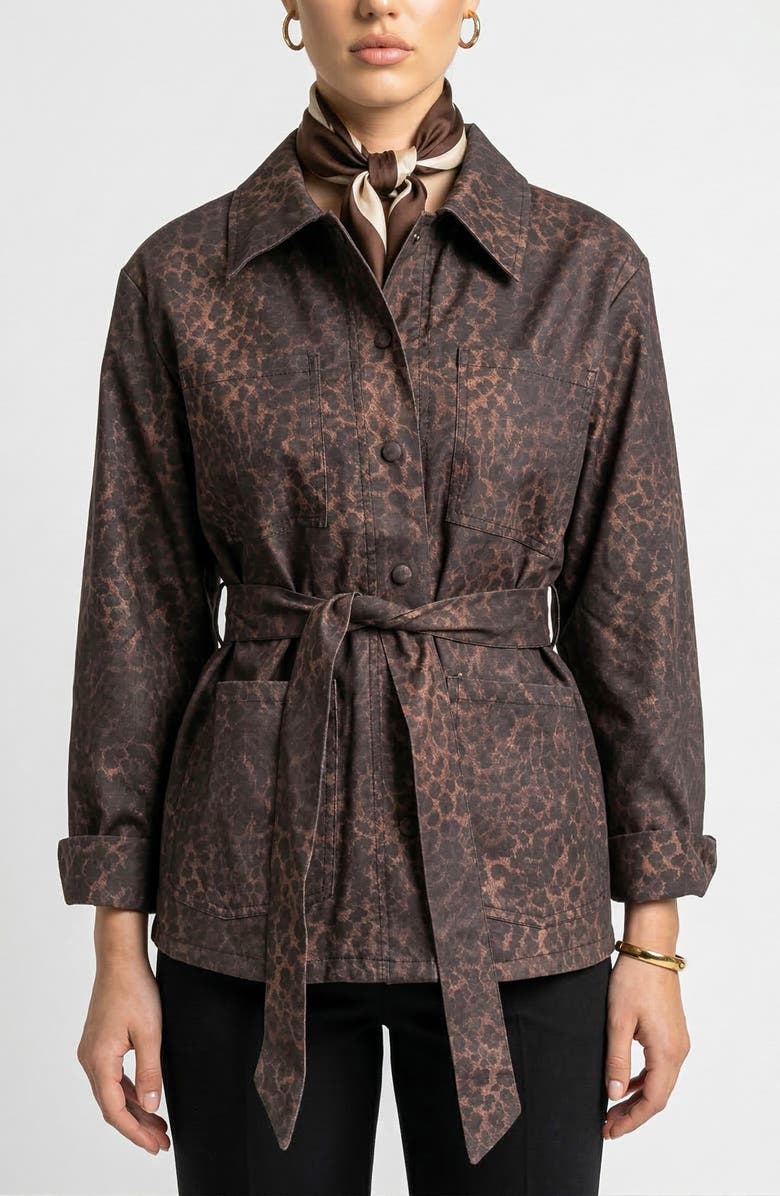 Knit & Lounge Long Sleeve Utility Jacket with Belted Waist and Patch Pockets, Alternate, color, Animal, Brown