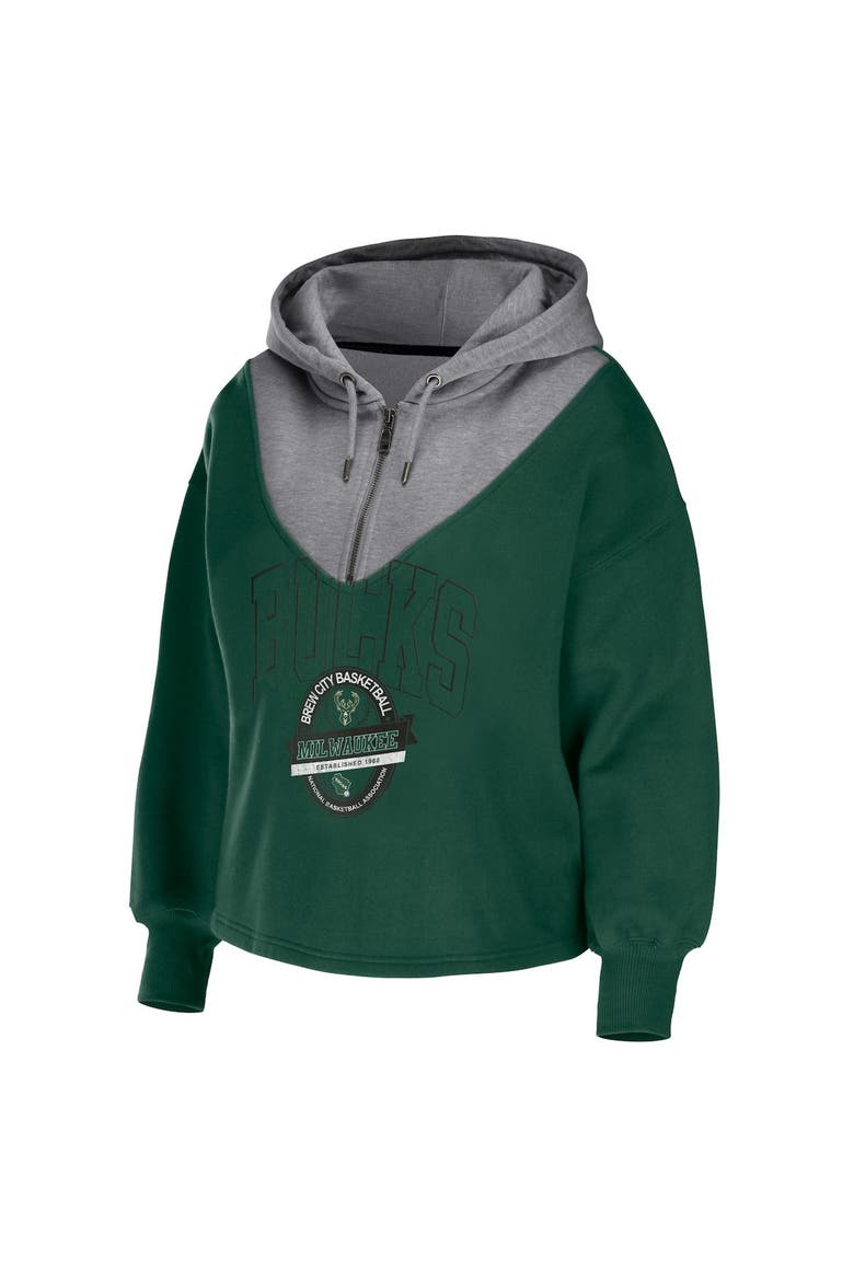 Women's WEAR by Erin Andrews Hunter Green Milwaukee Bucks Pieced Quarter-Zip Hoodie Jacket, Alternate, color, Hunter Green