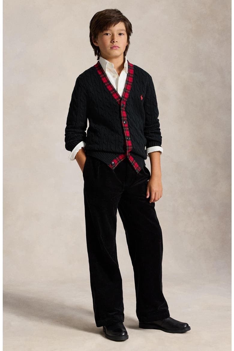 Kids' Plaid Trimmed Cable Cardigan, Alternate, color, POLO BLACK MULTI
