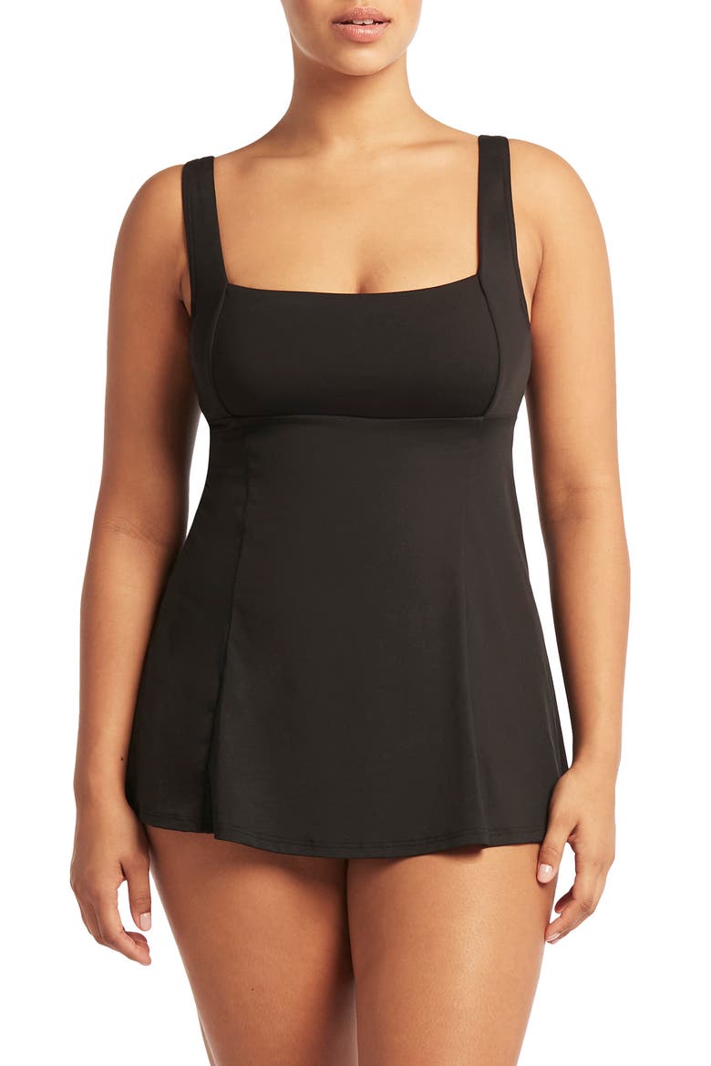 Square Neck One-Piece Swimsuit Dress, Main, color, BLACK