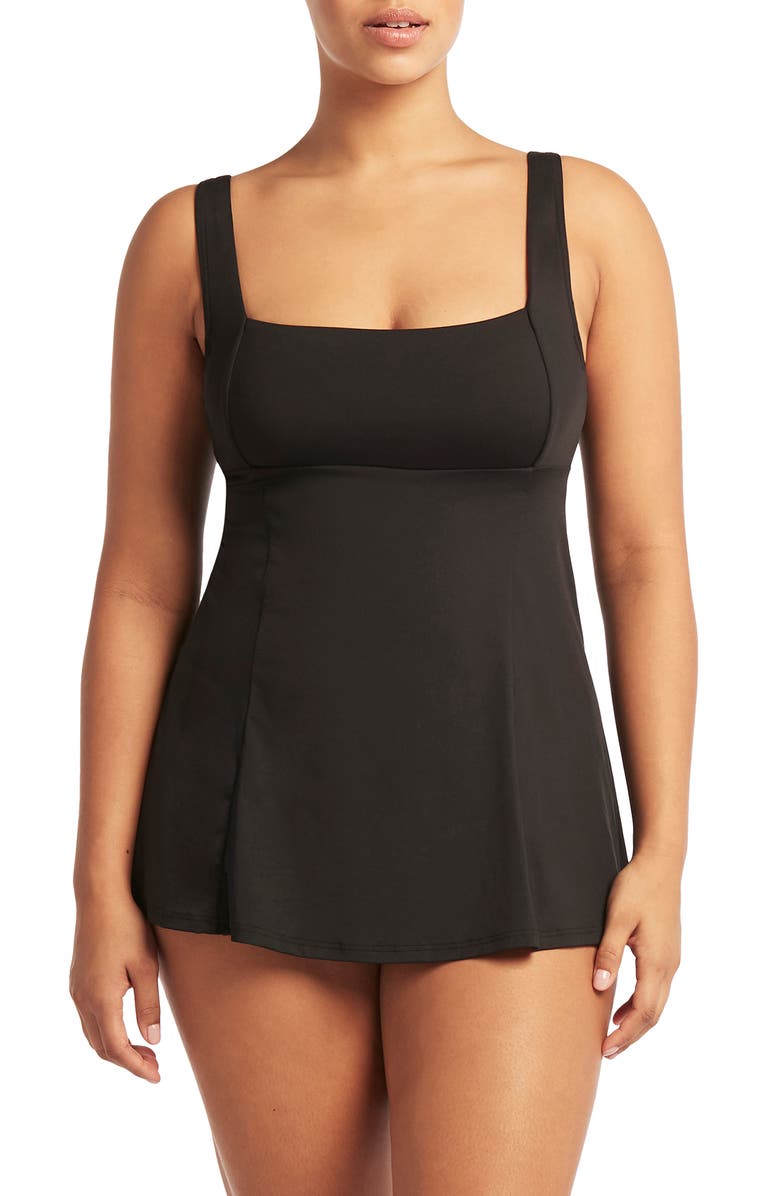 Sea Level Square Neck One-Piece Swimsuit Dress, Main, color, Black