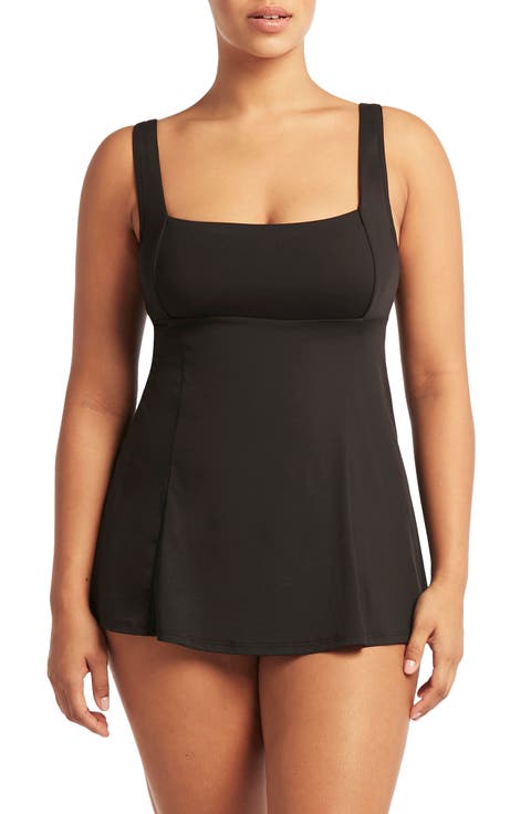 Square Neck One-Piece Swimsuit Dress
