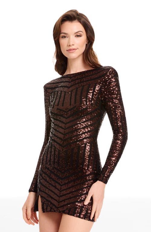 Dress The Population Nathalia Sequin Directional Stripe Long Sleeve Cocktail Minidress In Brown