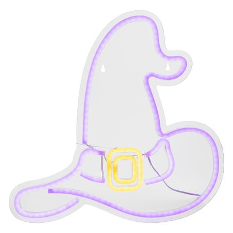 LED Witch Hat Neon Lighted Halloween Wall or Window Decoration - 15" - Purple