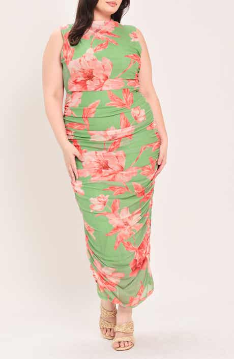 Floral Mesh Ruched Midi Dress
