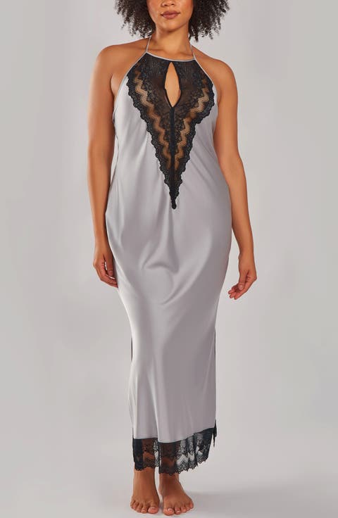 Lace Inset Satin Halter Nightgown