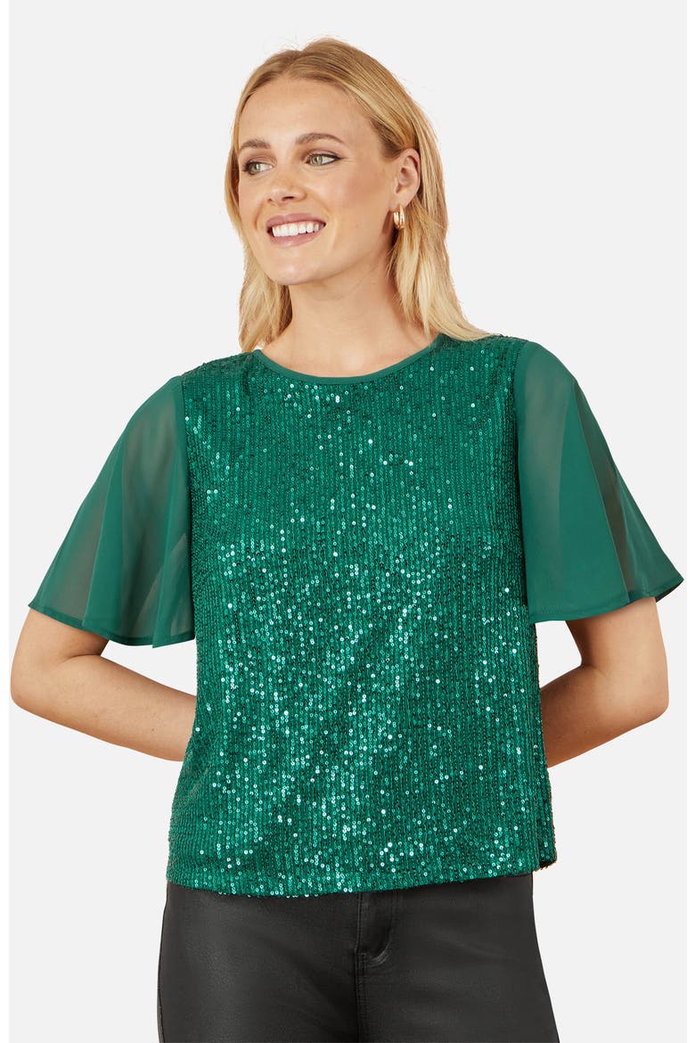 Sheer Short Sleeve Sequin Top, Main, color, Green