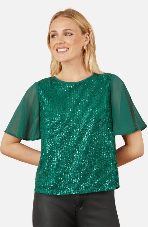 Sheer Short Sleeve Sequin Top