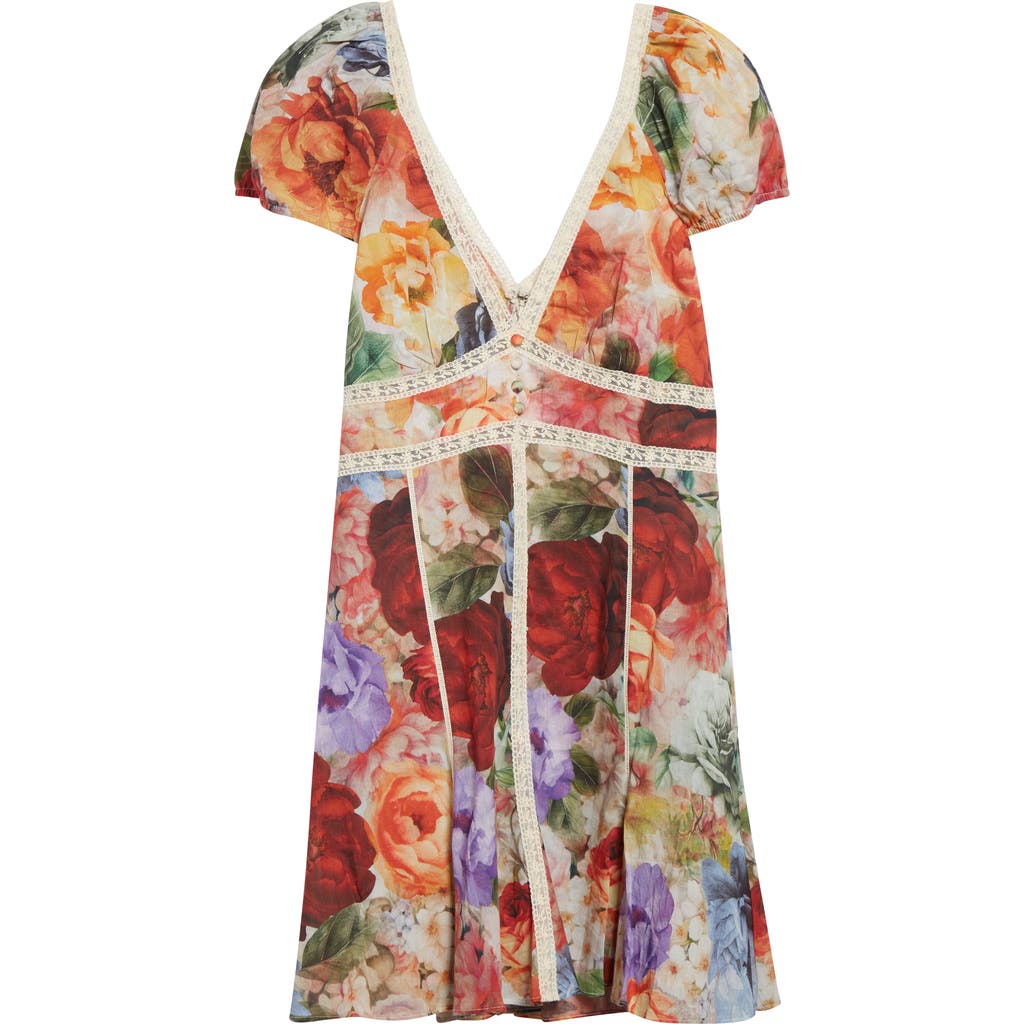 Alice And Olivia Rose Deep V Lace Detail Mini Dress Storm Floral Sm In Multi
