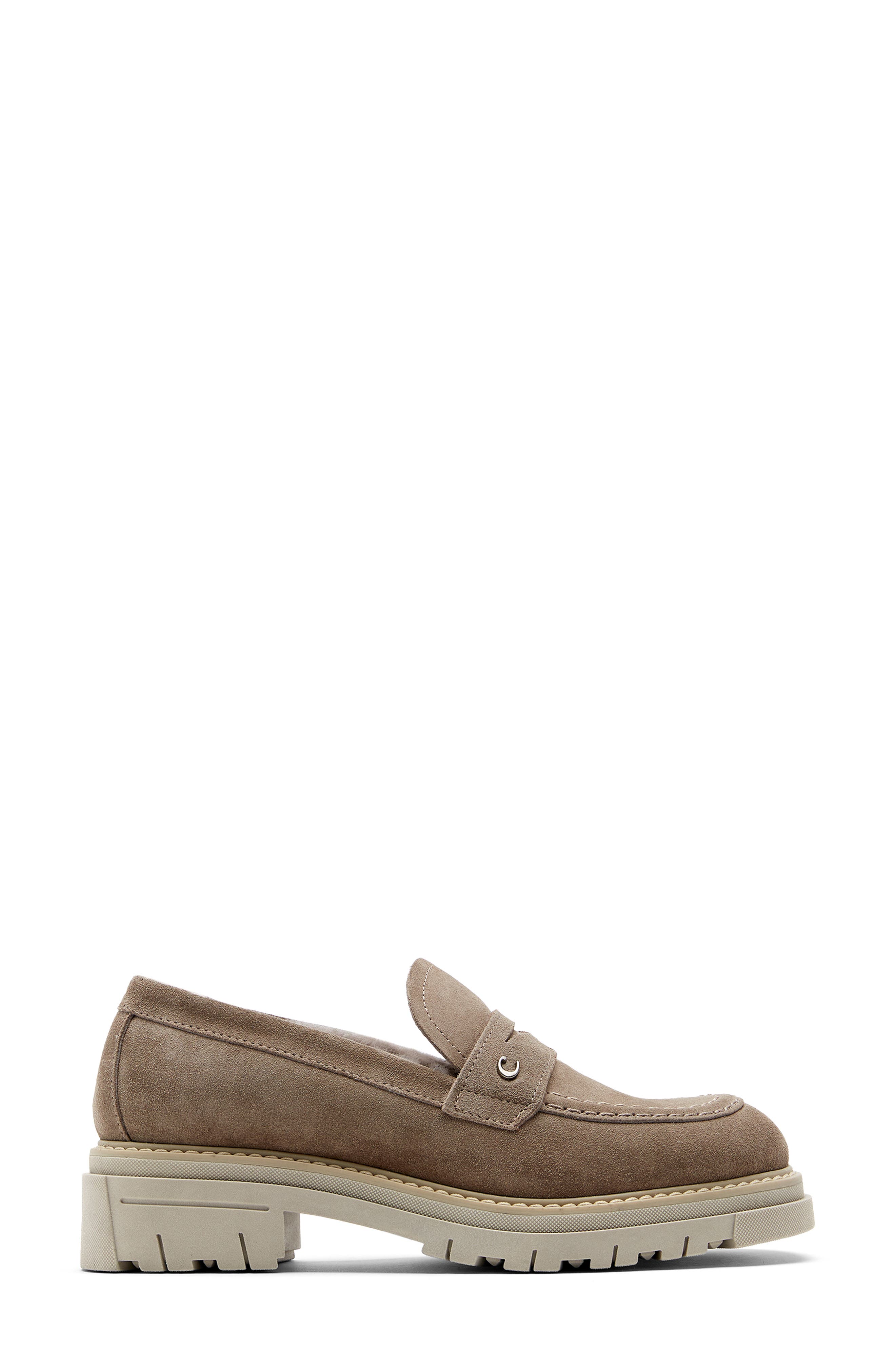 La Canadienne Donny City Dry<sup>™</sup> Waterproof Genuine Shearling Penny Loafer, Alternate, color, Caribou Suede