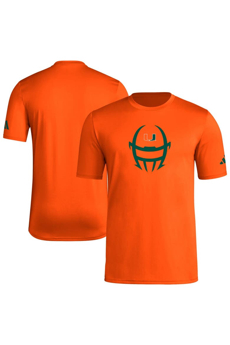 Men's adidas  Orange Miami Hurricanes Football Helmet Pre-Game AEROREADY T-Shirt, Main, color, Orange