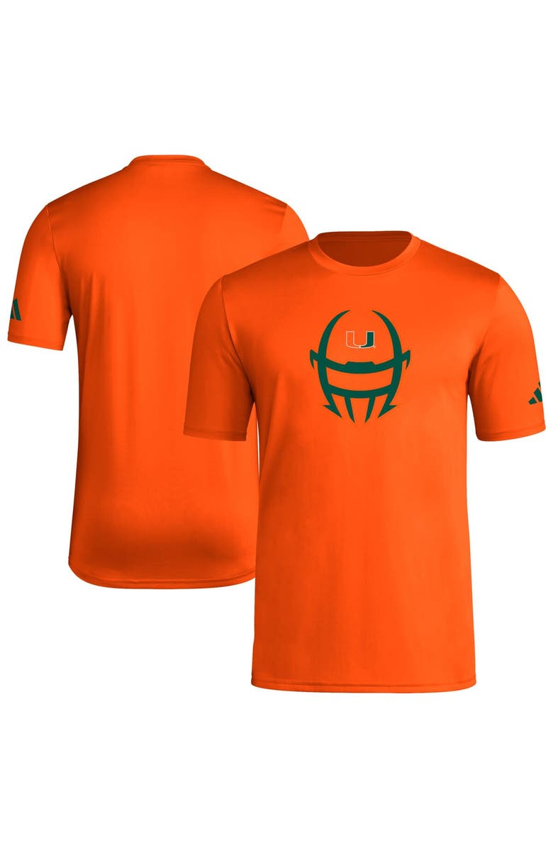 adidas Men's adidas  Orange Miami Hurricanes Football Helmet Pre-Game AEROREADY T-Shirt, Main, color, Orange