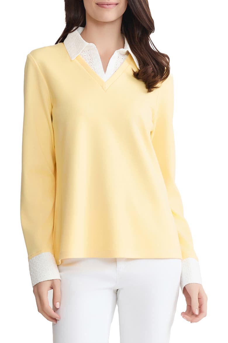 Embroidered Eyelet Trim Long Sleeve Twofer Top, Main, color, CORNSILK/ NATURAL WHITE