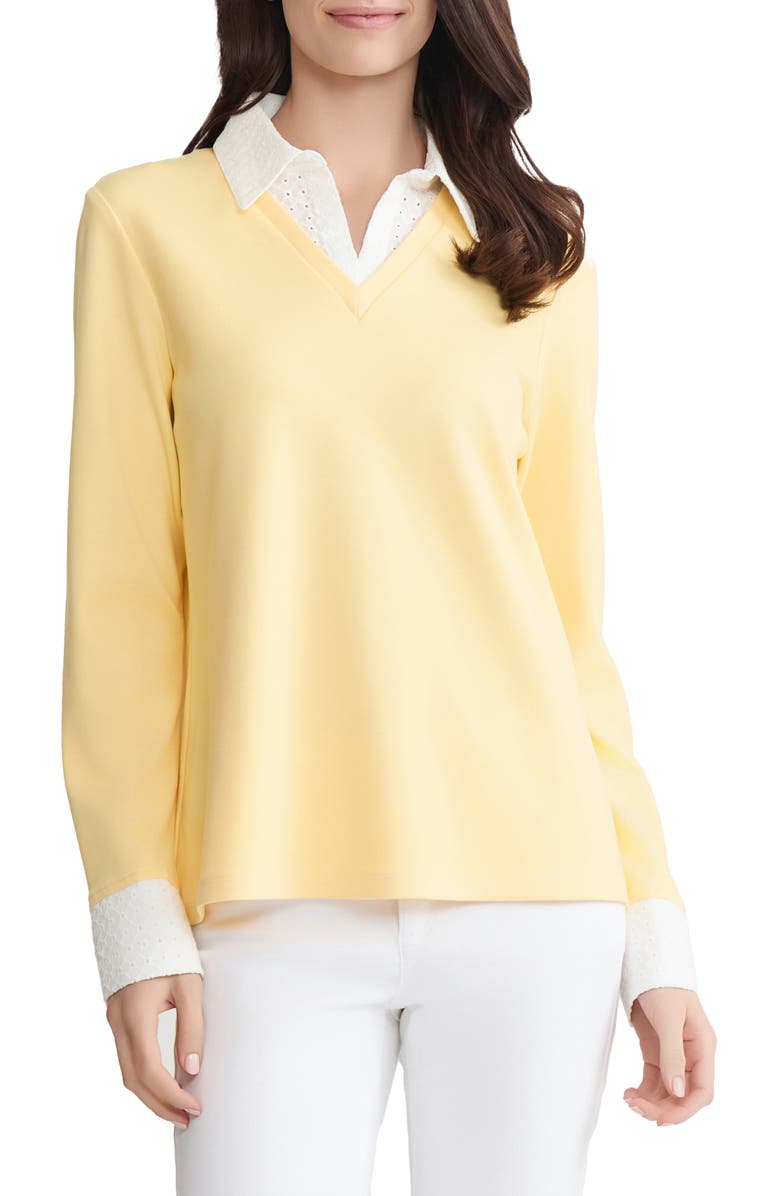 Jones New York Embroidered Eyelet Trim Long Sleeve Twofer Top, Main, color, 