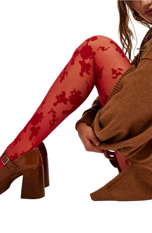 Free People Flocked Floral Tights In Red